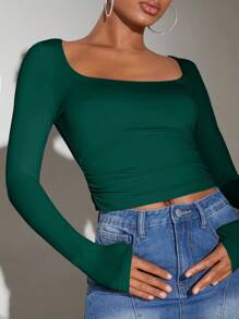SHEIN BAE Hình vuông Đường viền cổ áo Tay áo dài Quần skinny Áo thun - Màu xanh lá cây đậm - Xem 5
