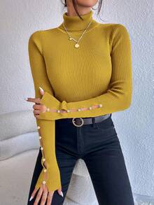 SHEIN Privé 珍珠水鑽綴飾鏤空袖純色高領毛衣 - 黃色 - 查看 5