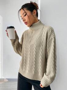 SHEIN Unity 女士鬆身半拉鍊套頭毛衣 - 杏色 - 查看 6