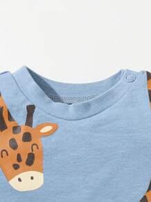 SHEIN Newborn Baby Boys' Cartoon Animal Pattern Short Sleeve 3pcs Round Neck Tops Set - Multicolor - View 7