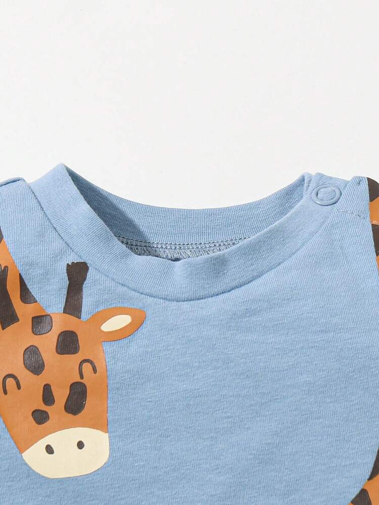 Newborn Baby Boys' Cartoon Animal Pattern Short Sleeve 3pcs Round Neck Tops Set