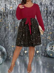 SHEIN Clasi 針織羅紋碎花星星印花連帶腰帶鬆緊裙裝,大碼女裝蕾絲邊裝飾 - 玫紅色 - 查看 3