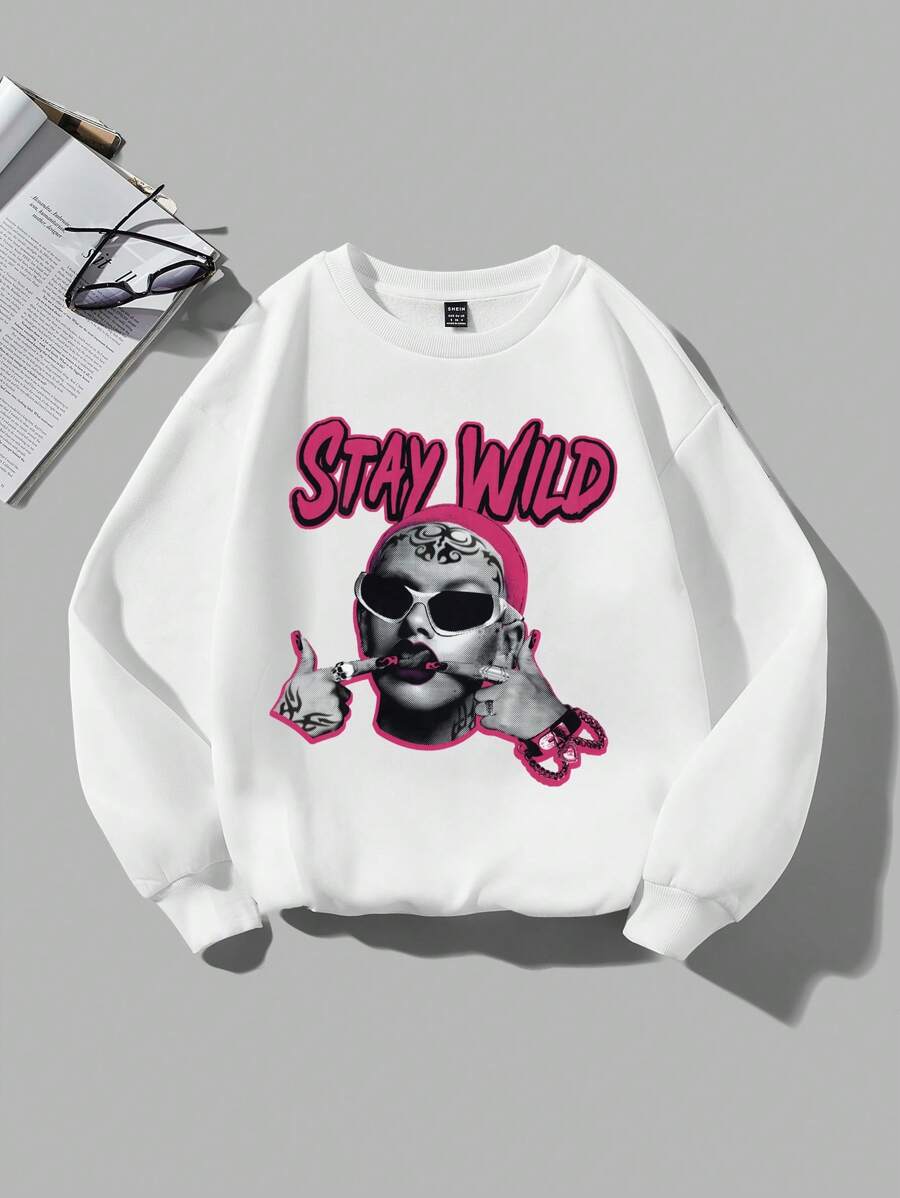 SHEIN Coolane Loose Women's Letter & Character Printed Fleece Sweatshirt - White - View 1