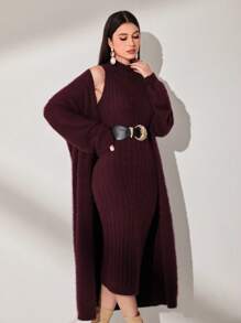 Modelyn 勃艮第红色女士毛绒针织毛衣连衣裙和开衫 2 件/套 - 酒紅色 - 查看 1