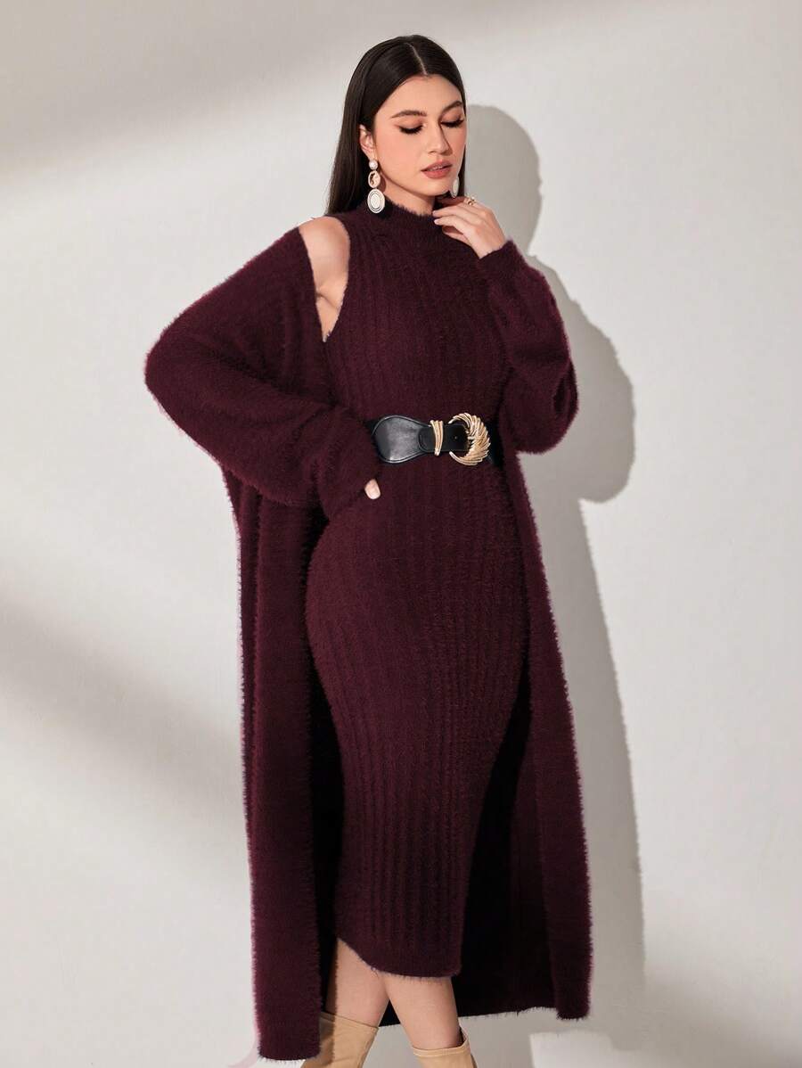 Modelyn 勃艮第红色女士毛绒针织毛衣连衣裙和开衫 2 件/套 - 酒紅色 - 查看 1