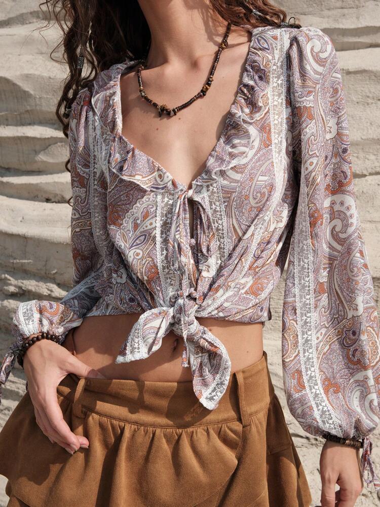 Women'S Vacation Ruffle Hem Paisley Printed Blouse