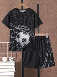 2pcs/Set Teen Boys' Soccer Ball & Letter Print T-Shirt And Shorts