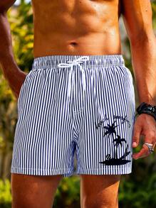 Surfspeed Men's Tropical & Striped Print Elastic Waist Beach Shorts - Blue and White - View 1