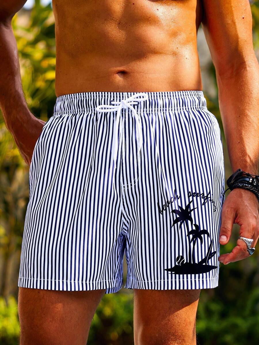 Surfspeed Men's Tropical & Striped Print Elastic Waist Beach Shorts - Blue and White - View 1