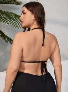 SHEIN Swim Curve 大码女式 3d 花朵装饰泳衣上衣 - 黑色 - 查看 2