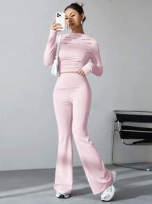 SHEIN MOOSTA Long Sleeve Solid Color T-Shirt And Flared Pants 2pcs/Set - Pink - View 3