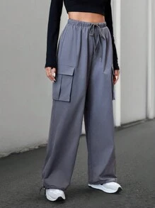 SHEIN Essnce 女士束腰拉繩蓋式口袋長褲 - 深灰色 - 查看 1