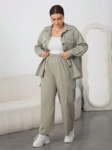 SHEIN Essnce 大尺寸女士純色襯衫和褲子套裝 - 綠色 - 查看 3