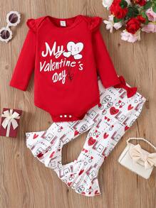 Baby Girl Long Sleeve T-Shirt With Slogan & Heart Print And Bell-Bottoms Pants Set - Red - View 1