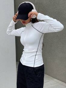 DAZY Blusa de manga larga con cuello alto simulado y cremallera con pespunte para mujer - Blanco - Ver 3