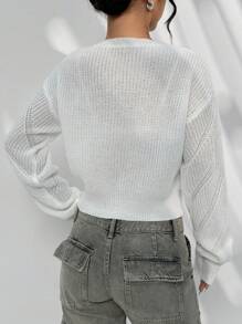 SHEIN Unity 女士落肩镂空针织套头衫秋冬毛衣 - 白色 - 查看 2