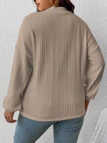 SHEIN Frenchy Plus Mock Neck Drop Shoulder Ribbed Knit Tee - Khaki - View 2