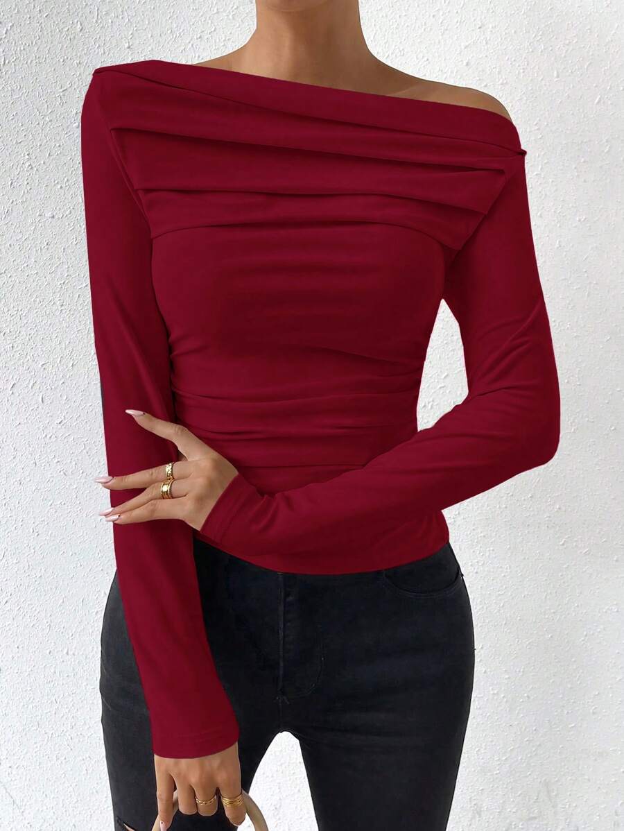 Chiquease Asymmetrical Neckline Long Sleeve T-Shirt - Burgundy - View 1