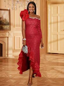 不对称下摆蕾丝派对礼服，带褶边和亮片装饰 - 酒紅色 - 查看 4