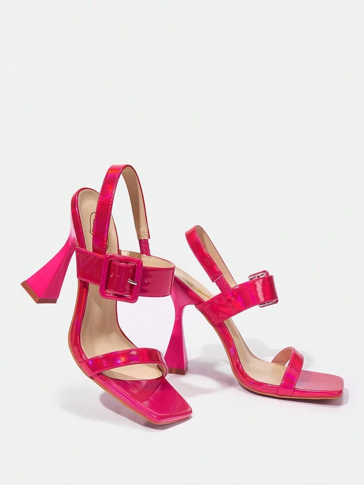 Buckle Decor Pyramid Heeled Slingback Sandals