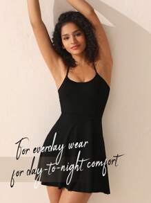 SHEIN Sports 純色細肩帶運動短裙黑色連衣裙 - 黑色 - 查看 5