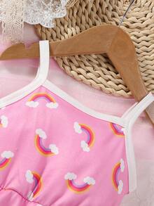 嬰兒女寶寶彩虹印花拼色邊飾肩帶連身衣 - 粉色 - 查看 7