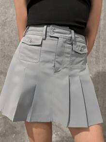 SHEIN Essnce Túi có nắp Mặt trước Chân Váy xếp ly - Xám - Xem 4