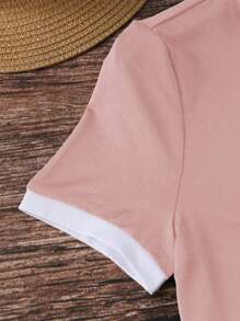 INAWLY 女士對比邊條t恤 - 粉色 - 查看 4