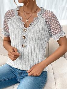 SHEIN LUNE 插肩袖蕾絲裝飾短袖t卹 - 灰色 - 查看 3