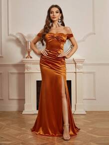 SHEIN Belle Off Shoulder Slit Pleated Dress For Women's Evening Party
