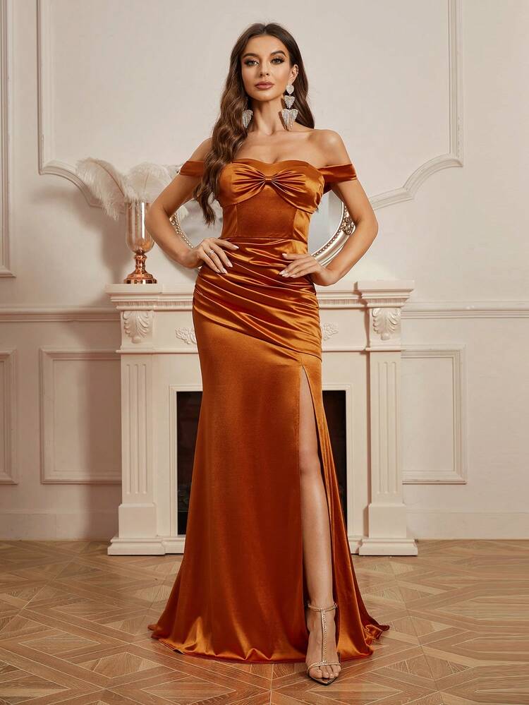 Off Shoulder Slit Pleated Dress For Women's Evening Party