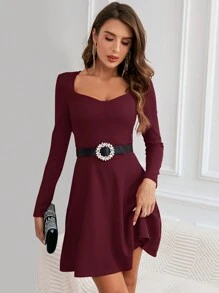 SHEIN Privé Vestido De Manga Larga Con Escote Corazón - Burdeos - Ver 6