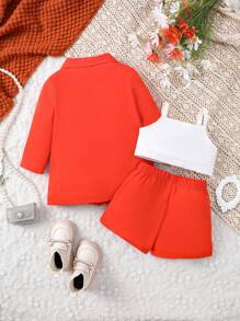 Juego De Ropa Informal De 3 Piezas De Color Sólido Para Niña Bebé - Naranja - Ver 2