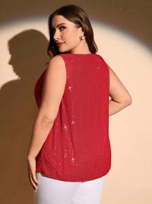 SHEIN Clasi 大尺碼披肩領閃爍無袖襯衫 - 紅色 - 查看 2