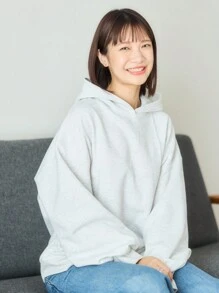 FRIFUL 女式純色落肩連帽衫 - 淺灰色 - 查看 1