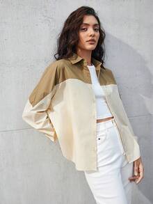 BizChic Của phụ nữ Khối màu Thả vai Áo sơ mi - Màu Khaki - Xem 7