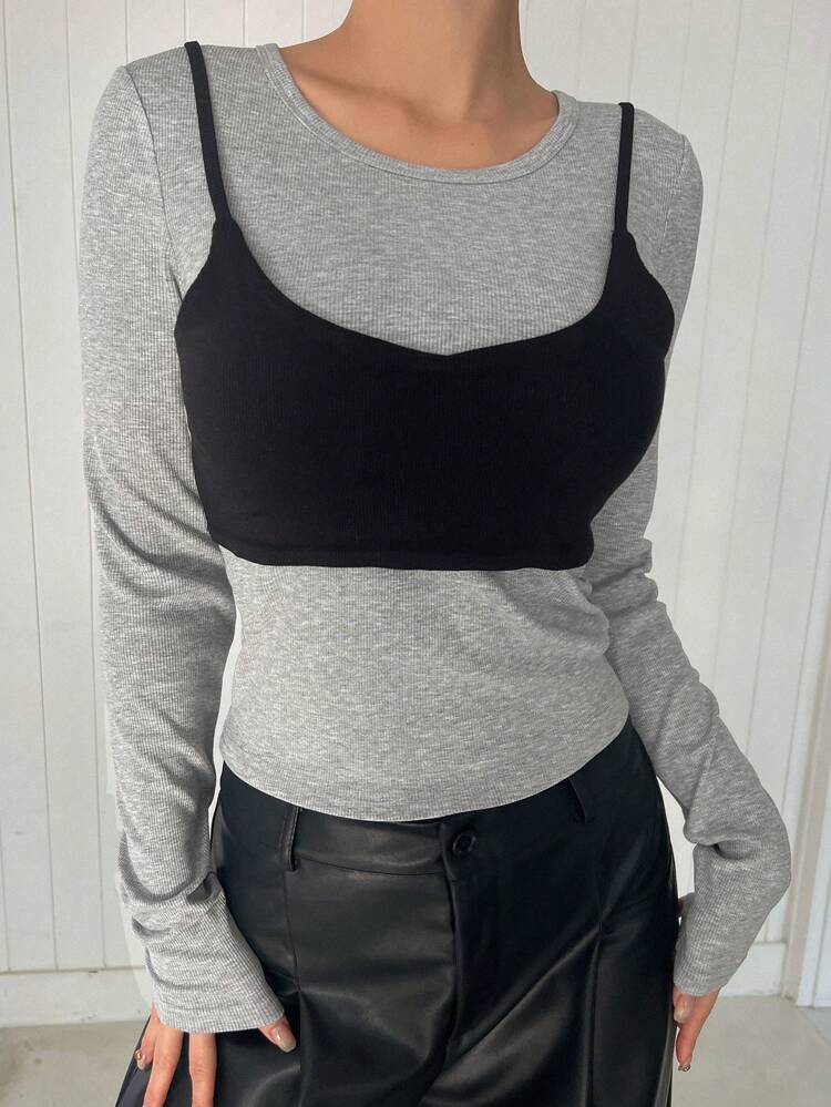 Women's Colorblock Spaghetti Strap 2 In 1 T-Shirt Long Sleeve Women Tops