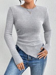 SHEIN Essnce Của phụ nữ Màu thuần Xếp li Áo thun - Màu Xám nhạt - Xem 1