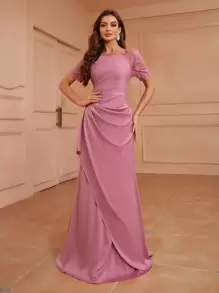 SHEIN Belle Embroidered Mesh Contrast Pleated Bridesmaid Dress With Raglan Sleeves - Pink - View 1