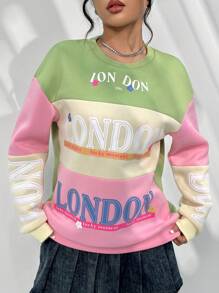 SHEIN Qutie Women'S Oversized Drop Shoulder Sweatshirt With Letter Print And Color Blocking - Multicolor - View 3