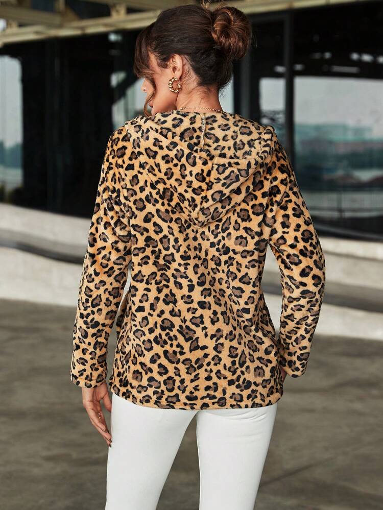 Women'S Leopard Print Hooded Long Sleeve Jacket Fall Cloth For Women