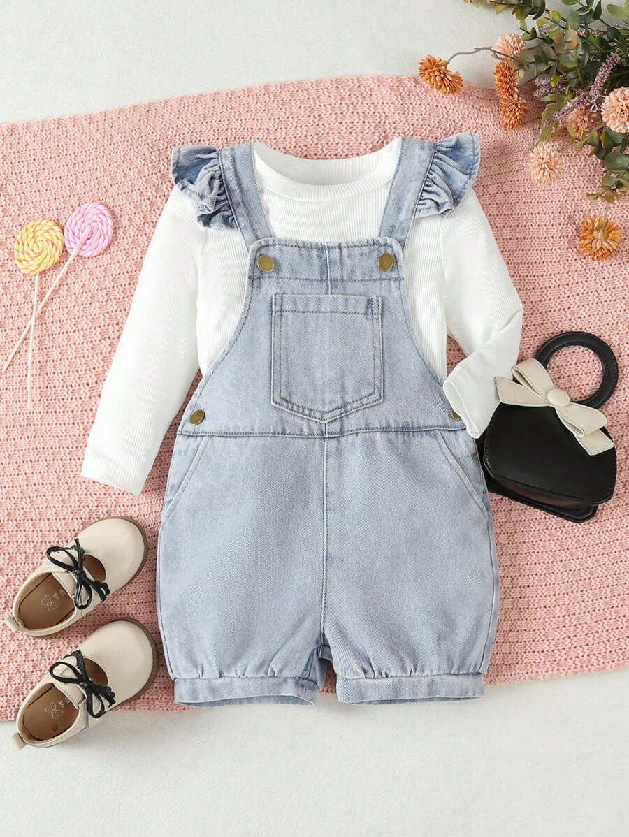 Baby Girl Round Neck Long-Sleeved T-Shirt And Ruffled Trim Suspender Jumpsuit Casual And Comfortable Set - Blue and White - View 1