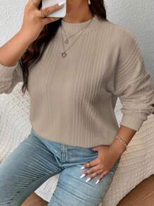 SHEIN Frenchy Plus Mock Neck Drop Shoulder Ribbed Knit Tee - Khaki - View 3