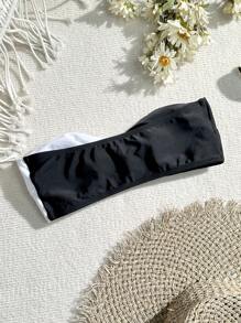 撞色雙肩帶扭結細節的束頭比基尼上衣,嘉年華風情 - 黑與白 - 查看 3