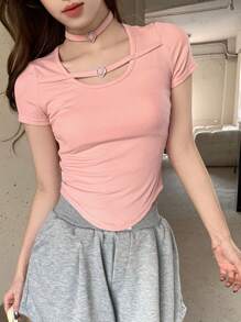 DAZY Ladies' Ribbed Short Sleeve T-Shirt - Pink - View 2