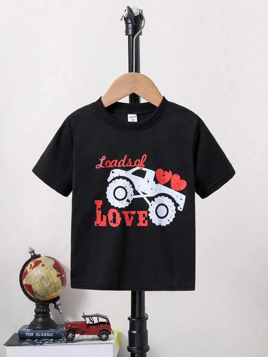 SHEIN Con trai Love Tim Ô tô/xe hơi In Áo thun - màu đen - Xem 1