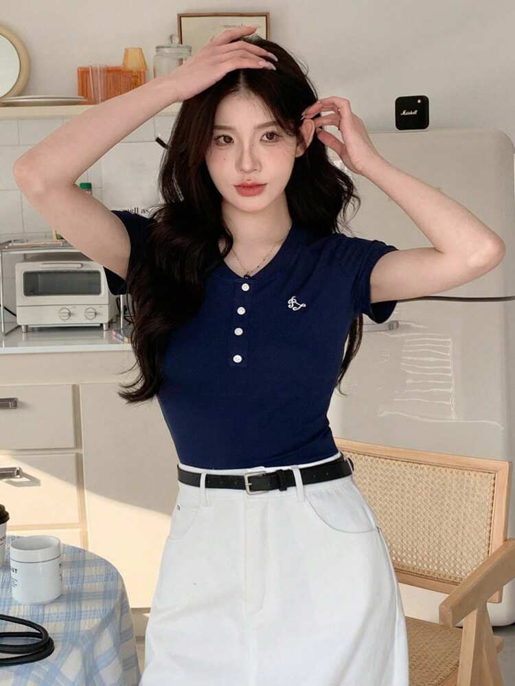 Women's Embroidery Detail Ribbed Knit T-Shirt Summer,Back To School Clothes