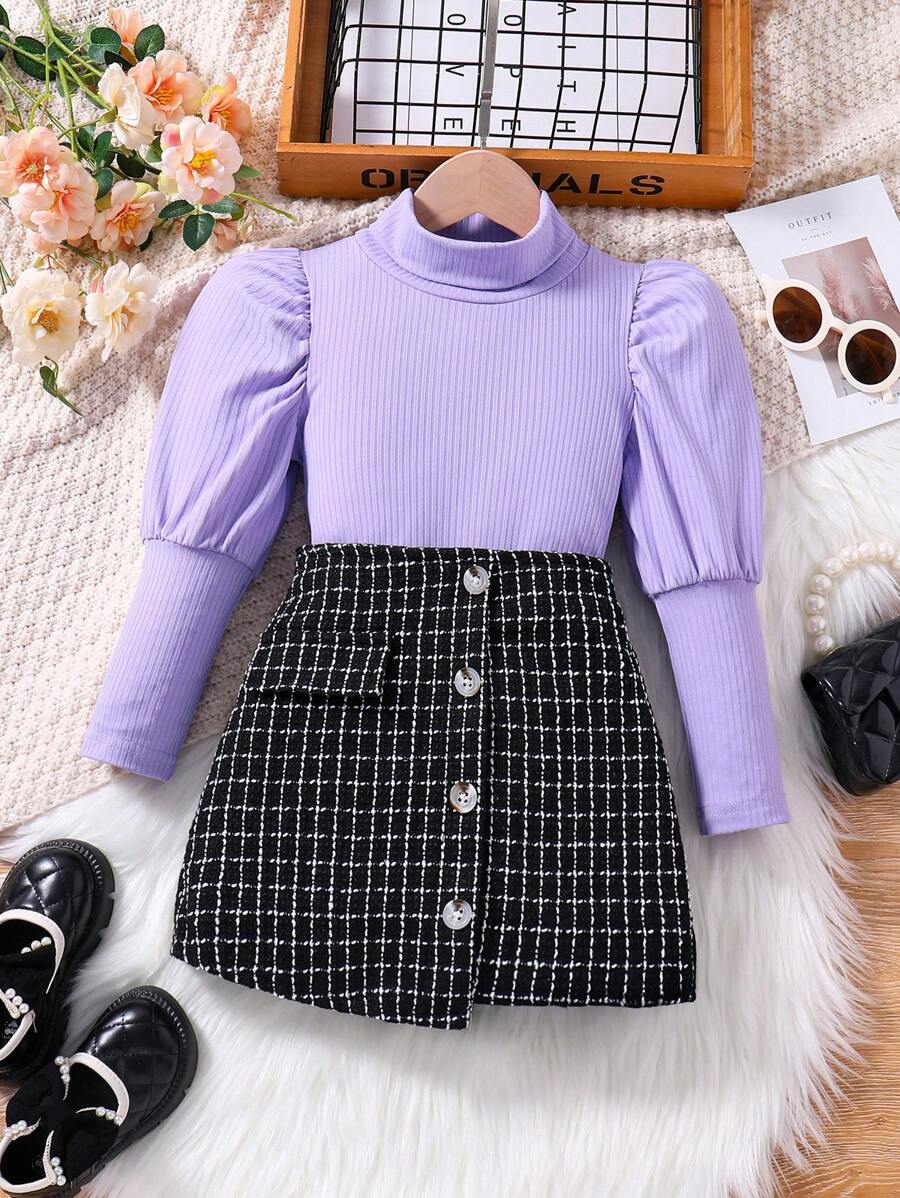 SHEIN Conjunto De Blusa Y Falda De Color Sólido Para Niñas Pequeñas - Morado - Ver 1