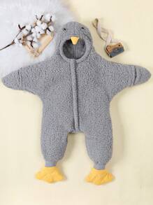 幼兒女孩有趣的黃色鴨子毛絨柔軟舒適連身褲,適合休閒穿著 - 淺灰色 - 查看 1