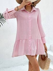 SHEIN VCAY 女士有褶邊條紋連衣裙 - 粉色 - 查看 5